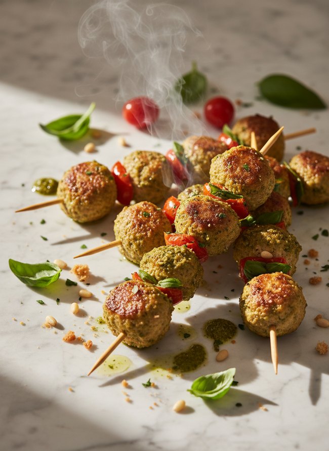 Pesto Turkey Meatball Skewers