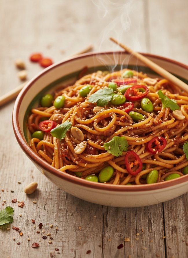 Spicy Edamame Peanut Noodles