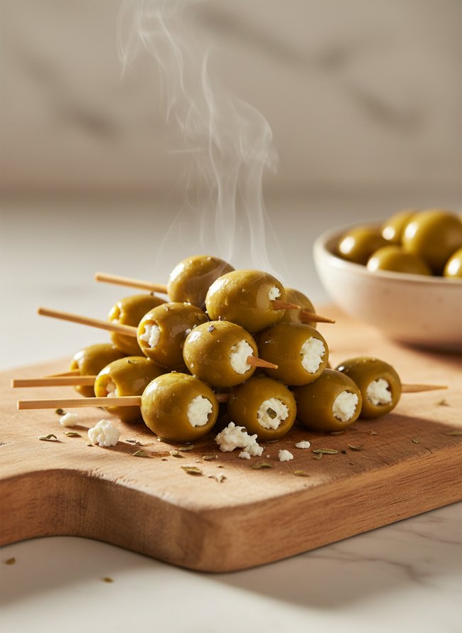 Feta Stuffed Olive Skewers